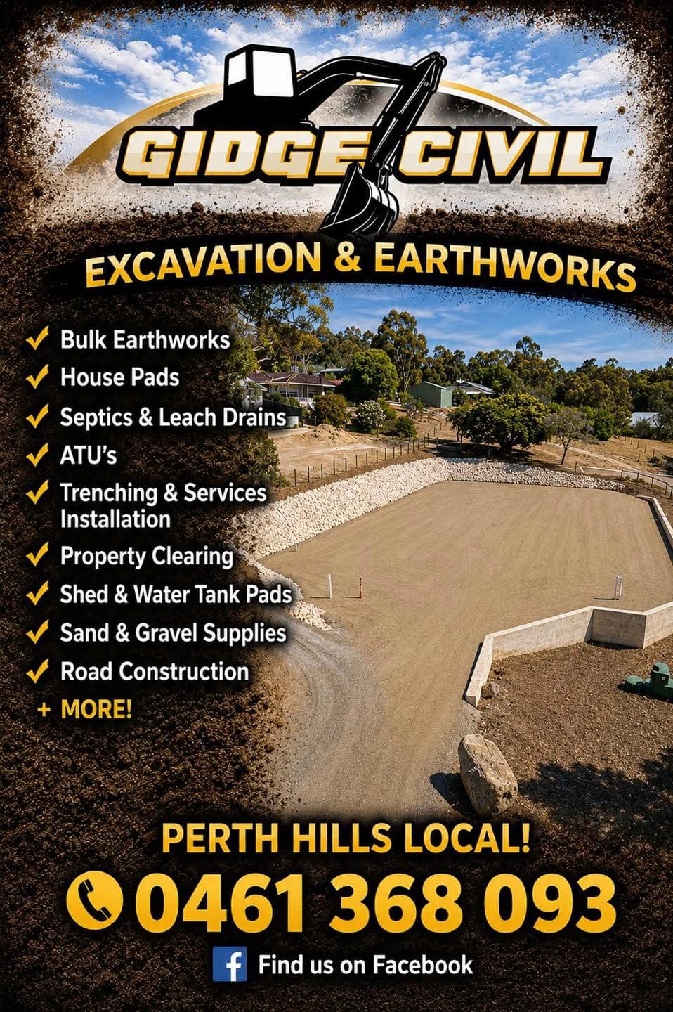 Cluttered earthworks flyer with ten services and a giant phone number
